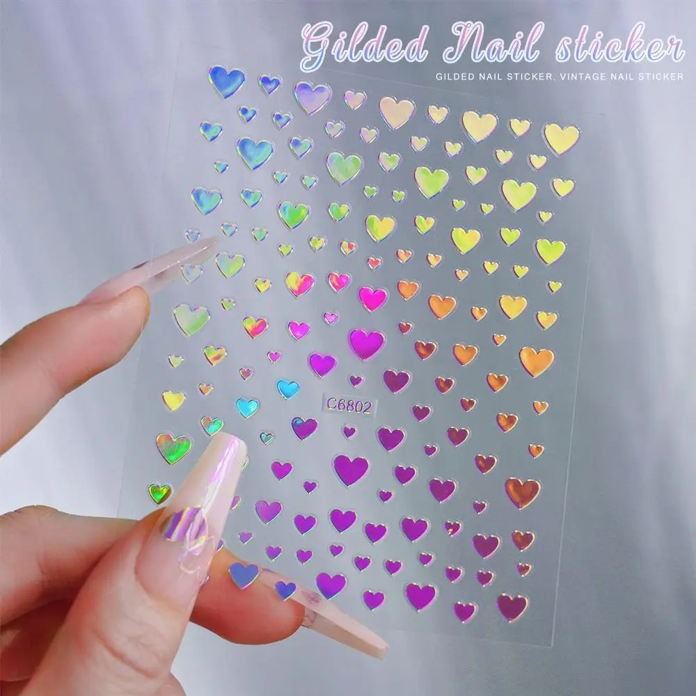 1PCS Aurora Laser Heart Nail Stickers Y2K Nail Art Decoration Abstract Lines Decal Bronzing Valentine's Day Stickers For Nails