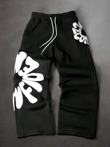 Y2K hip-hop printed sweatpants, black elastic waist wide-leg jogger pants with striking bubble letter graphics all over. Loose street-style trousers that double as casual loungewear, perfect for daily outings, streetwear looks and trendy styling.