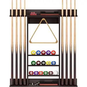 Bamboo Wall Mounted Pool Cue Rack, Holds 8 Cue Sticks, Organizes Full Set of Balls and Pool Table Accessories, Dark Brown