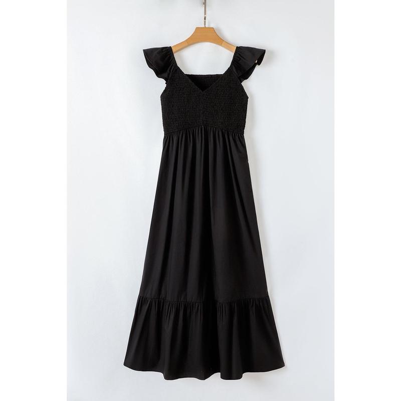 Black V Neck Flutter Sleeve Smocked Bodice High Waist Ruffle Maxi Dress