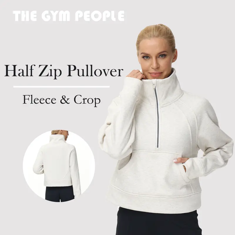 THE GYM PEOPLE Women's Fleece Half-Zip Cropped Cotton Blend Sweatshirt - Kangaroo Pocket, Thumb Holes, Matching Gym Athletic Clothes, Athletic Fitness Top, Daily Wear Sportswear, Activewear Sweatshirts for Workouts, Cozy Soft Feel, Warm Hands