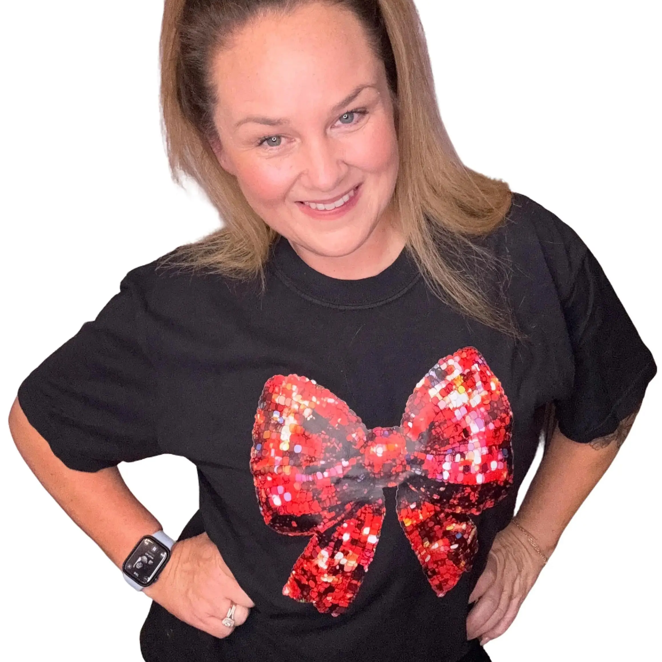Women's Comfort Colors Short-Sleeve Round Neck Casual T-Shirt - Red Sequins Bow Print, Soft Fabric, Christmas Top