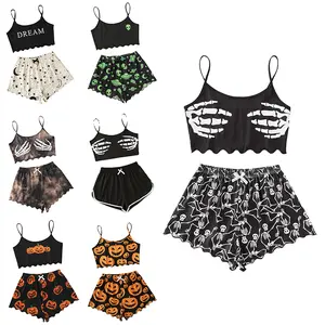 Halloween Pajamas for Women Set 2PC Ghost Graphic Silk Satin Sleepwear Button Down Shorts Pajamas Set Loungewear Pajama Set