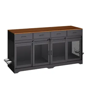 Garvee 71" Large Dog Crate Furniture with 4 Drawers & Sliding Doors, Heavy Duty Dual Dog Kennel with Divider for 2 Dogs, Indoor Dog House & TV Stand Table, Multi-Functional Pet Crate with Storage, Chew-Resistant Wooden Pet Cage, Gray/Walnut easy assembly