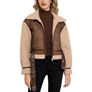 Women Patchwork Faux Shearing Fur Jacket with Sherpa Fleece Lined Coat