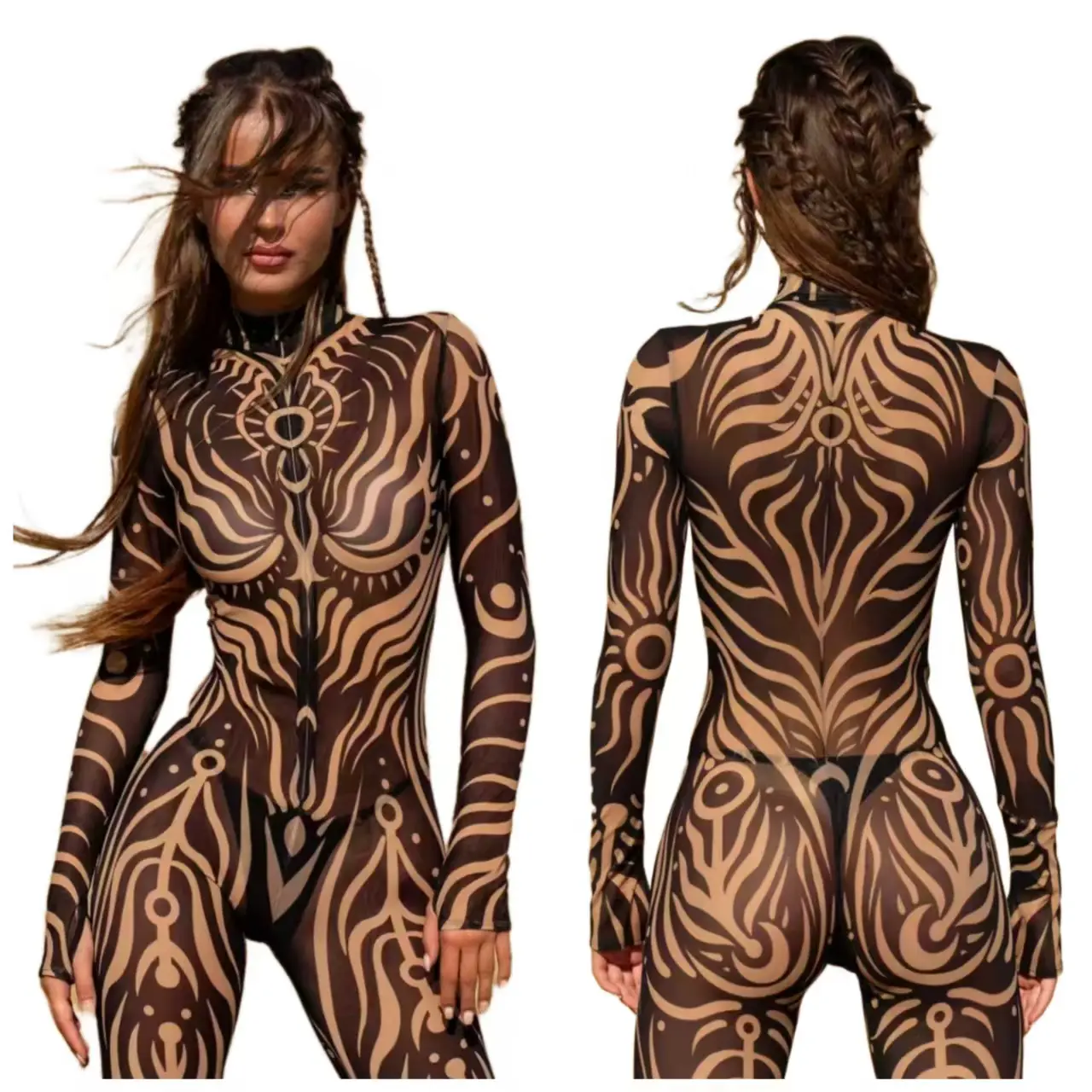 Witchy Sheer Mesh Bodysuit for Lady, Long Sleeve Zip Up with Celestial Print, Festival Halloween Cosplay Costume, Costume Use