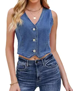 luvamia Jean Vests for Women Crop Denim Top Button Down Waistcoat Vest Tank Tops Fashion Casual Sleeveless Jacket Fit Dressy