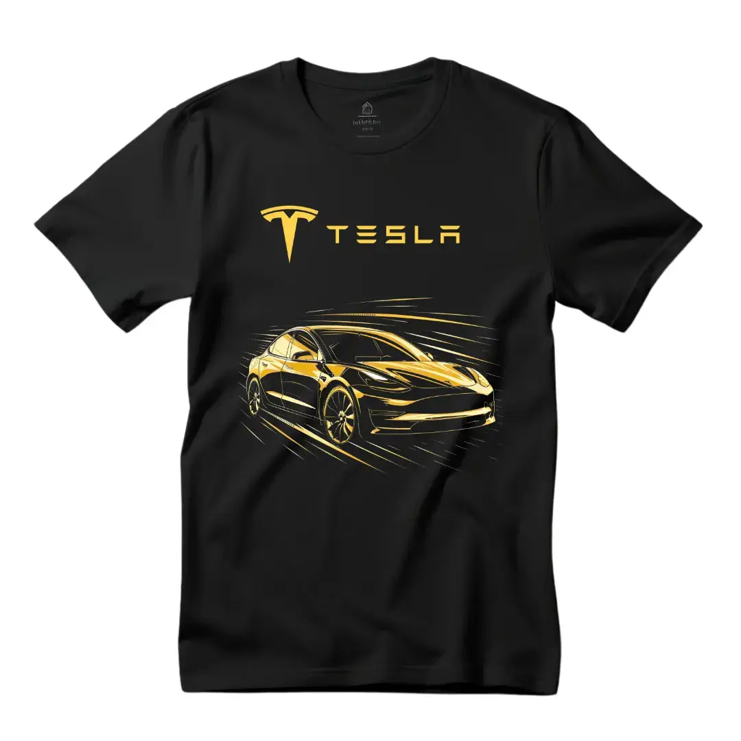 Black Threadz Casual Menswear Round Neck Shortsleeve Tshirt - Golden Elegance Tesla Model 3 Gold Graphic T Shirts for Streetwear Outfits
