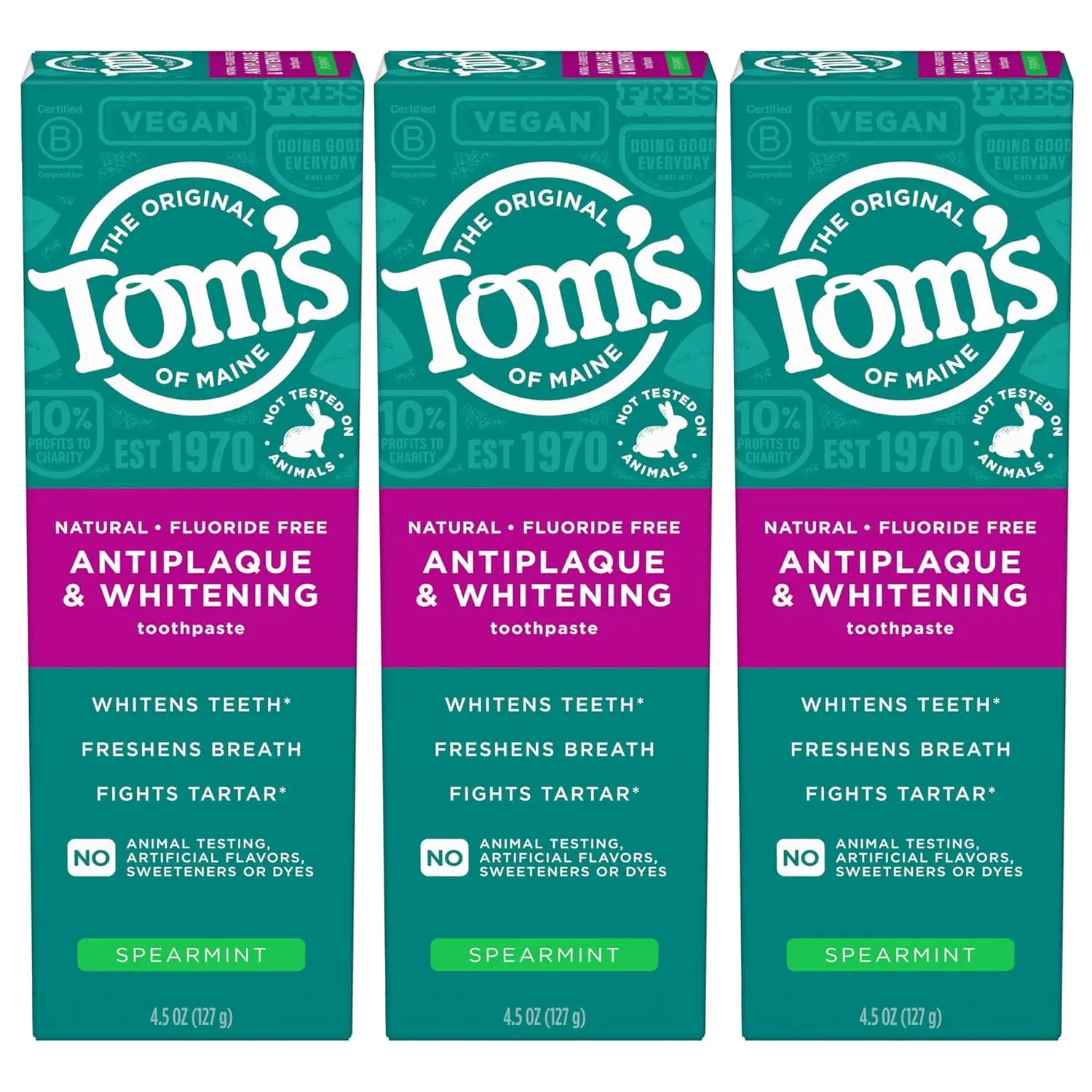 Tom's of Maine Antiplaque and Whitening Toothpaste, Spearmint, 3 Pk, 4.5 oz | Fluoride Free, Freshens Breath, Fights Tartar Buildup, Vegan, No Animal Testing, No Artificial Colors, or Flavors