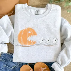 Pac Man Pumpkin Ghost Sweatshirt - Ash Grey - Spooky Sweatshirt