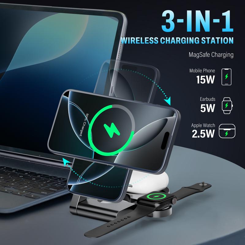 UltraQ 3 in 1 Wireless Charging Station, Ultrathin Foldable Aluminum Alloy Wireless Charger for iPhone 16/15/14/13/12 Series, AirPods Magsafe Charger for iWatch Series