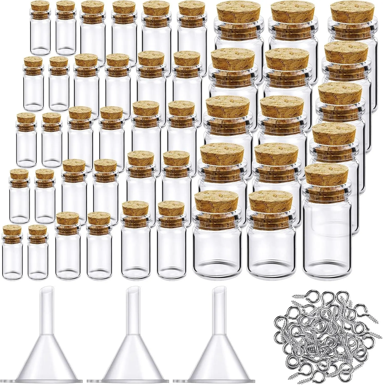 45 Pcs Small Mini Glass Bottles with Cork Stoppers Small Glass Jars with Lids Tiny Spell Jars with 50 Eye Screws and 3 Funnels for DIY Art Craft(0.5ml, 1ml, 3ml, 5ml, 10ml)