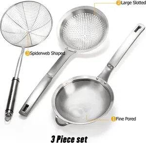 3 Pack Grease Spider Skimmer With Handle Slotted Colander Frying Spoon Fine Mesh Stainless Steel Metal With Hole Sieve Food Strainer, Handheld For Kitchen Cooking And Filter Food Residues