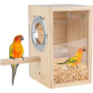 Parakeet Nesting Box Transparent Design, Natural Wood Bird Nest Breeding Box with Perch, Acrylic Bird House for Cage Bird Nesting Box for Small Cockatiel Lovebirds Finch Parrot Canary M