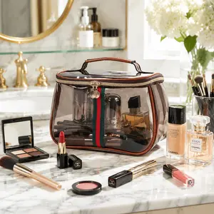 Vintage Waterproof Transparent Vanity Bag with Wide Handle Large Capacity for Toiletries & Cosmetics Travel Bathroom Storage