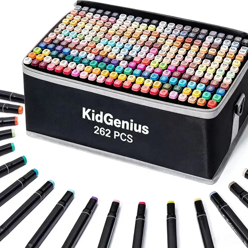 KIDGENIUS 262-pc Creative Set & 168-Color Art Markers Set - Kid-Safe Non-Toxic Alcohol Markers, Dual-Tip, Quick-Dry, No-Bleed, Smooth-Stroke, Sealed Bags, Cartoons Art Supplies, School Stationery, Birthday Gift