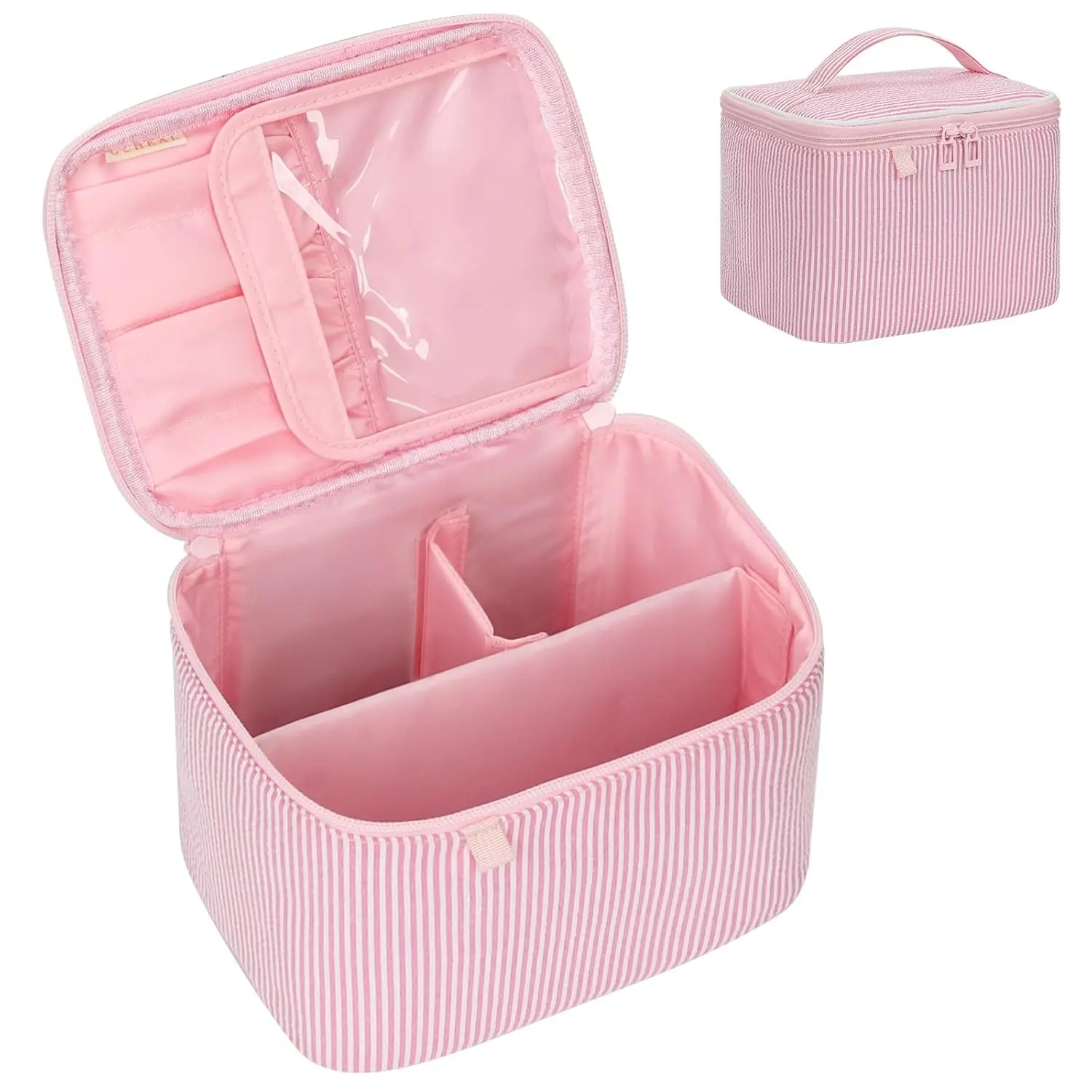Makeup Bag Large Capacity Travel Make up Pouch for Cosmetics, Vertical Storage with Divider Toiletry Bag for Skincare Organization-Pink