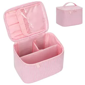 Makeup Bag Large Capacity Travel Make up Pouch for Cosmetics, Vertical Storage with Divider Toiletry Bag for Skincare Organization-Pink