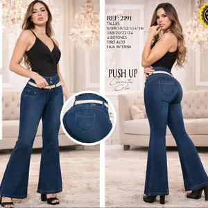 2191 Bota Campana Tono Azul con Bolsa Cuatro Botones Faja Frontal Tres Tiras de Broche con Cinturón Push Up Calidad Superior