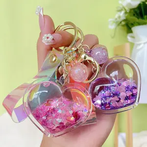 New Acrylic Quicksand love Keychain Cute Couple Car Bag Pendant Into Oil Floating Liquid Keyring Gift Jewelry