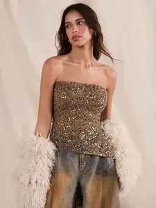 Fashion Sequined Embroidered Strapless Crop Top, Elegant Retro Vintage Style for Music Festivals and Parties, Eye-Catching Statement Slim Fit Design