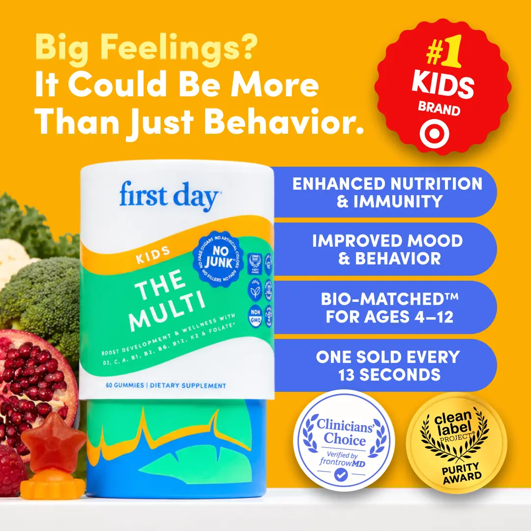 First Day Kids Multivitamin Gummies Ages 4-12, 21 Organic Superfoods + 9 Essential Nutrients, Vitamins A C D3 K2 B6 B12 + Folate, Strawberry Orange Flavor, Vegan, Non-GMO, No Junk