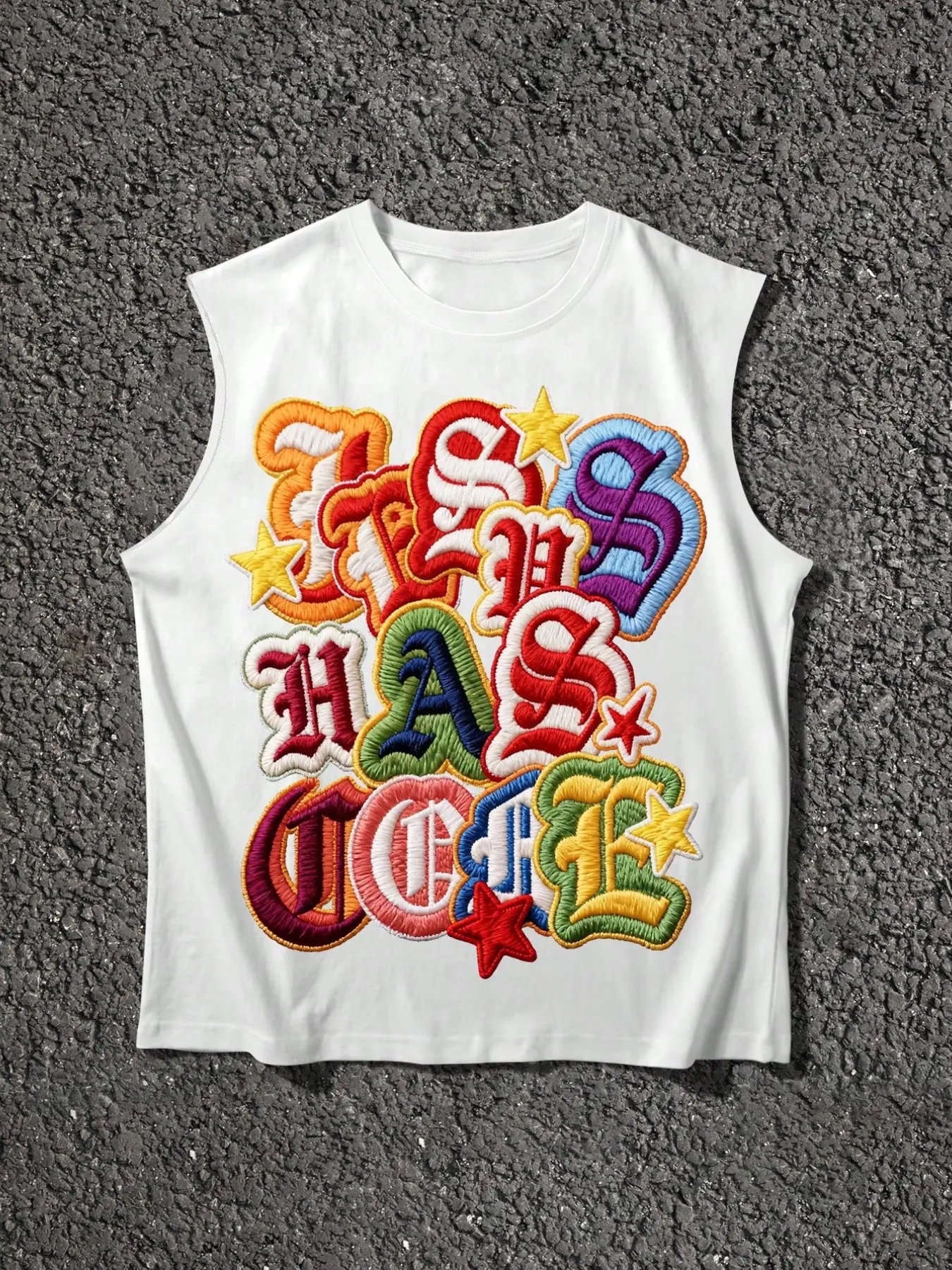 Unisex Loose Fit Rainbow Gothic Letter Towel Embroidery Stylish Vest, Y2K Street Style Streetwear Sleeveless Cardigan, Casual Fitted Design, Graphic, Top, Menswear, Casual Sleeveless Knit