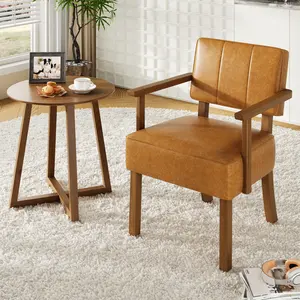 Mid-Century Modern Accent Chair, PU Faux Leather Upholstered Armchair with Vertical Stripe Back, Wood Frame Lounge Chair for Living Room Bedroom, Orange