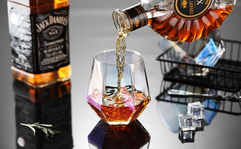 Stemless Wine Glasses Set of 6, Iridescent Glassware 10 oz Diamond Shaped Drinking Glasses, Modern Rainbow Wine Glass for Serving White Wine, Red Wine, Cocktail, Whiskey, Bourbon, Cool Water