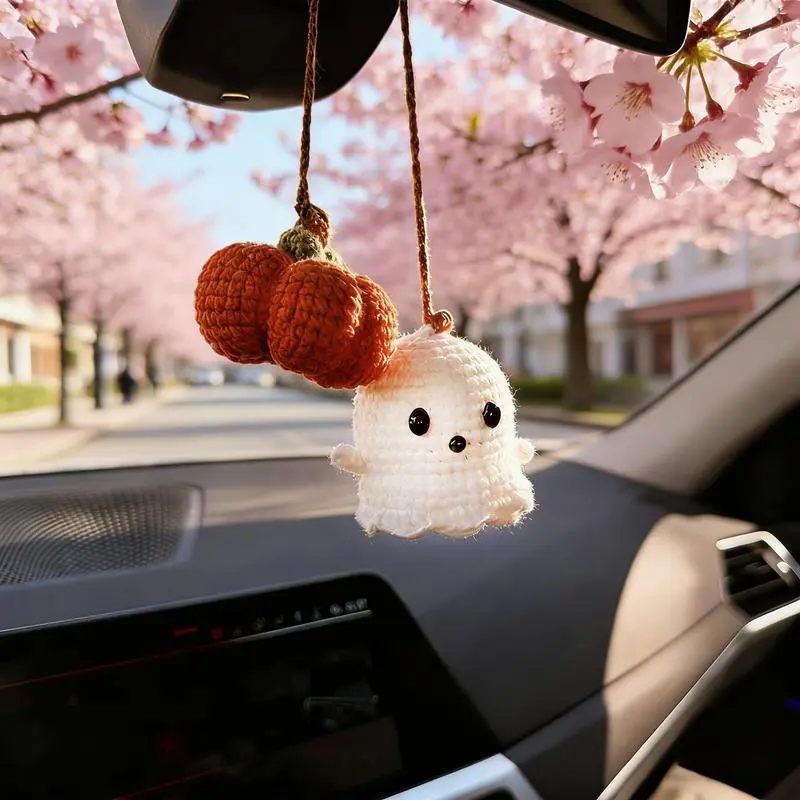 Halloween Crochet Ghost Pumpkin Rear View Mirror Car Charm, Handmade Amigurumi Hanging Ornament, Cute Car Interior Accessory Gift