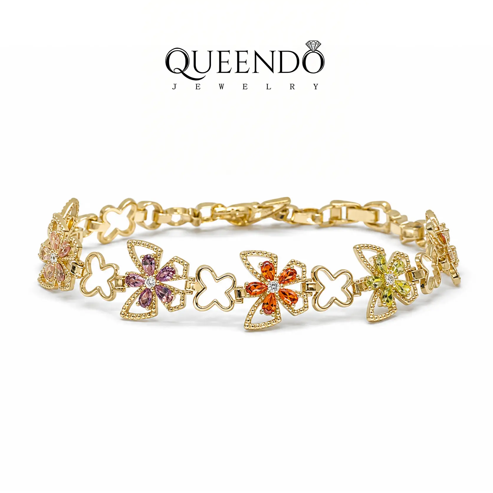 Elegant Butterfly Motif Bracelet, Adjustable Hollow Link Chain in Polished Metal with Multi-Color Stones for Casual Events