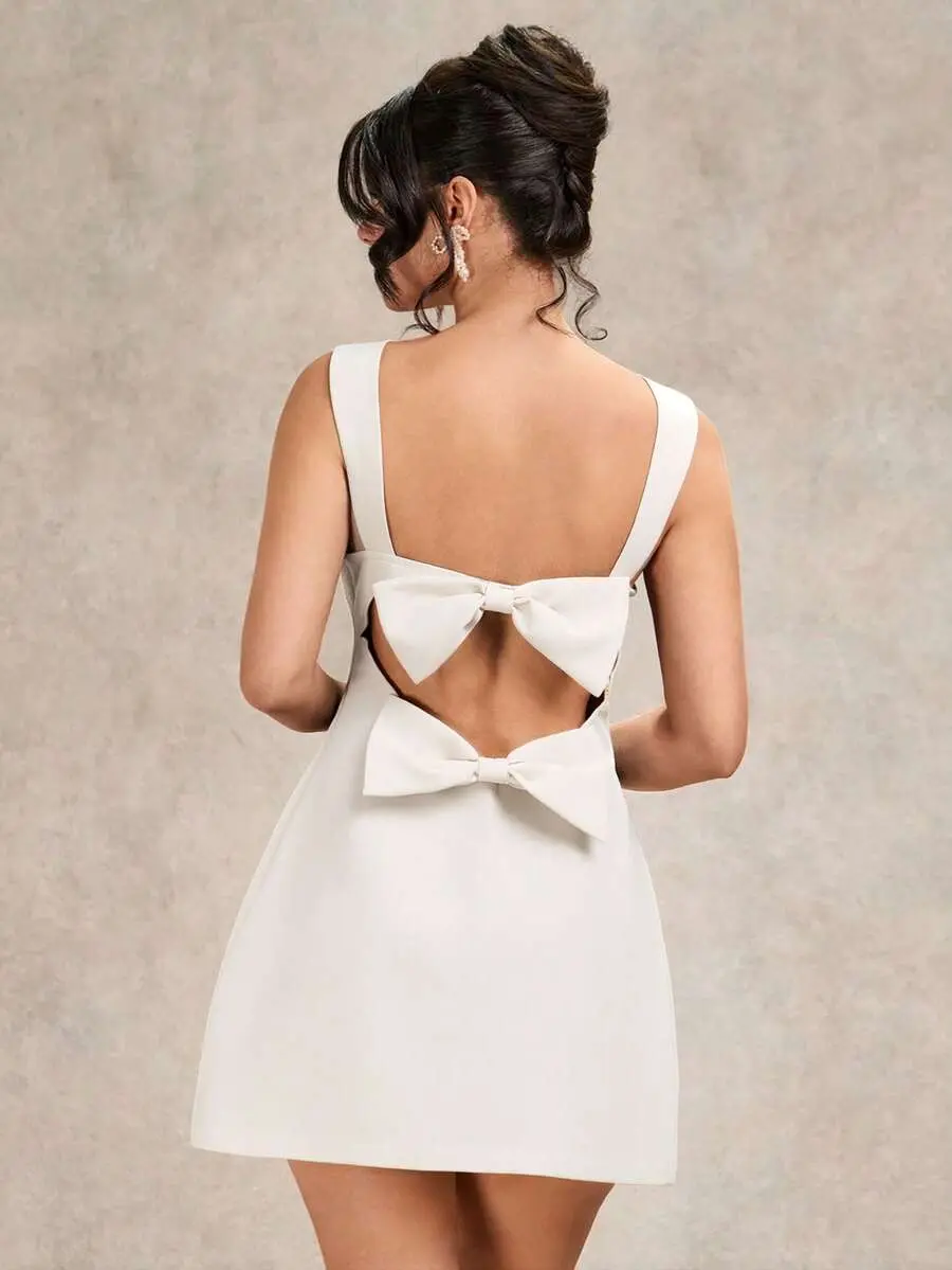 YESENIA Black Sleeveless Simple Elegant Backless Bow Tie A-Line Dress, Black Bodycon Dress, Valentine's Day Date Dress, Bridesmaid Mini Dress, Chic Little Black Dress