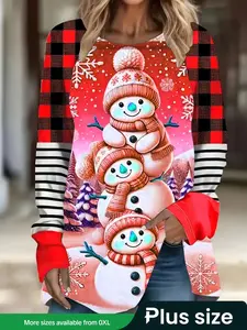 Women's Plus Size Long Sleeve Christmas Cartoon Snowman Print Knit Top, Stretchy Fitted Fashion Round Neck Pullover for Winter