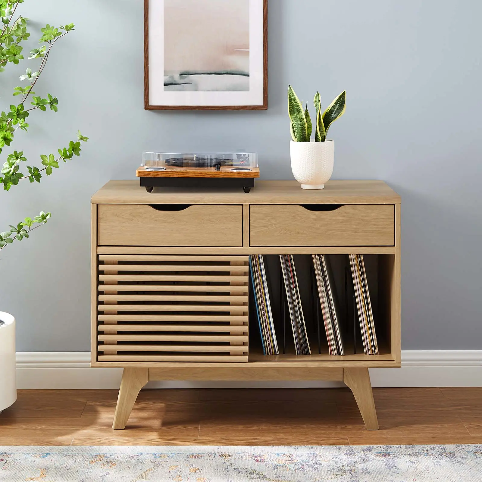 Modway Render Wood Vinyl Record Display Stand Set, Oak Indoor Furniture Drawer Cabinet with Metal Accents for Living Room