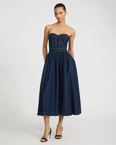 Express Denim Strapless Sweetheart Corset Midi Dress with Pockets