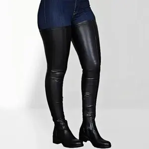 Knee High Boots Women Thigh High Over Knee Stretch Fashion Low Chunky Heel Round Toe Zipper Winter Boots Black US4.5-14 Footwear Shoe Bota Decor