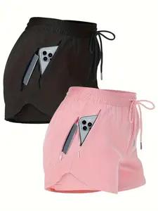 Women's Solid Color Pocket Zipper Side Shorts, Casual Comfy Breathable Shorts for Yoga Gym Workout Running, Ladies Summer Bottoms