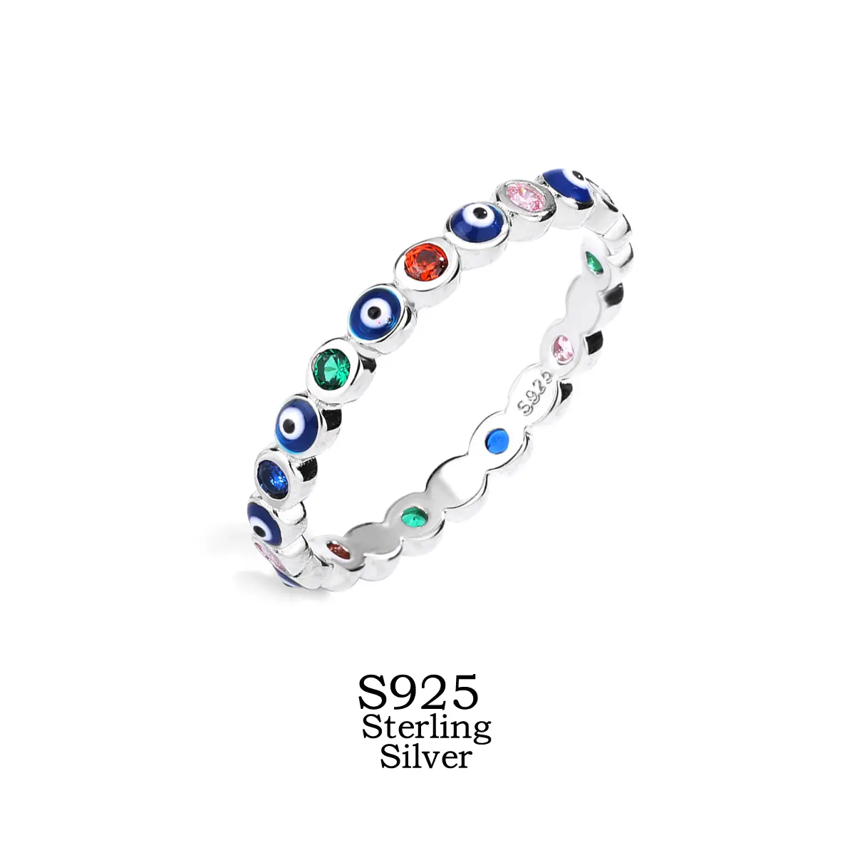 1 pes 925 Sterling Silver Evil Eye Protection Ring with Colorful Zircon,Symbol of Luck & Protection,Trendy Jewelry Perfect Gift for Women,Girlfriends