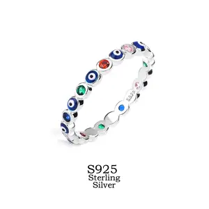 1 pes 925 Sterling Silver Evil Eye Protection Ring with Colorful Zircon,Symbol of Luck & Protection,Trendy Jewelry Perfect Gift for Women,Girlfriends