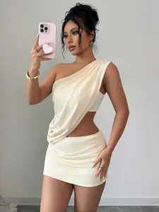 Women's Asymmetric One-Shoulder Top & High Waist Pleated Mini Skirt Set, Stylish Casual, Perfect for Spring & Fall