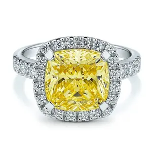 Halo Canary Yellow Cushion CZ Ring in Sterling Silver