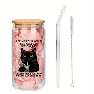 Funny Cat Party Cups, Sarcastic Quote Clear Glass Cup with Lid & Straw, Adult Humor Gift for Women, Cat Lover Drinkware Set
