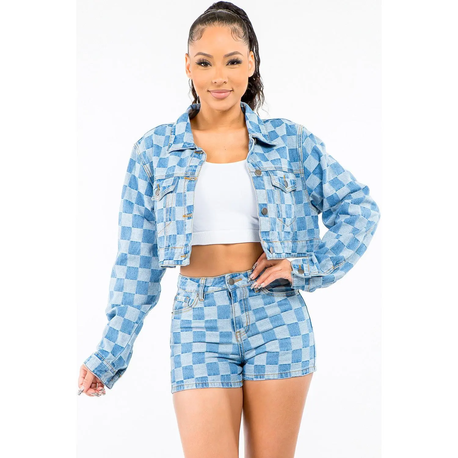 American Bazi Checkered Long Sleeve Cropped Denim Jacket