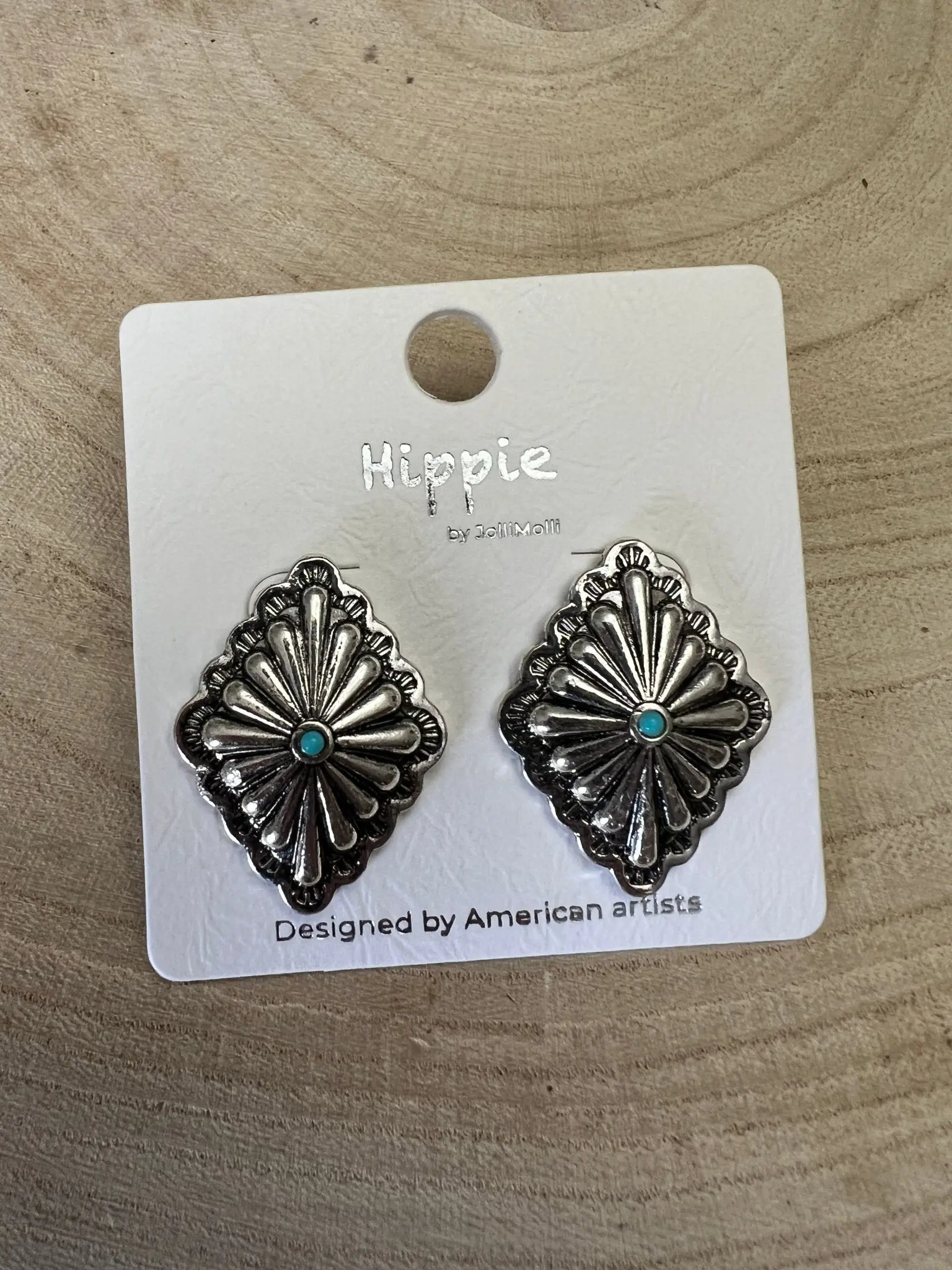 Western Silver & Faux Turquoise Diamond Concho Post Earrings — 3/4" Drop