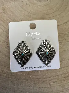 Western Silver & Faux Turquoise Diamond Concho Post Earrings