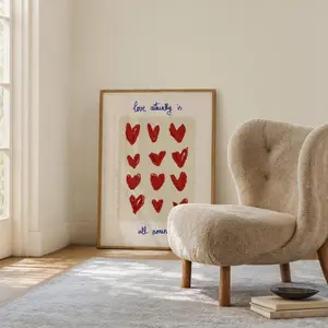 Love actually is all around Print Hearts Red Blue Love Quote Trendy Wall Art Hand Draw Aesthetic Decor Wall Art