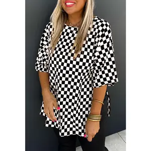 Black Checkered Print Side Slits Plus Size T Shirt