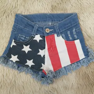 Girls' Patriotic Denim Shorts, Star and Red Stripe Print, 4th of July Outfit, Sizes 6-12M to 7-8T