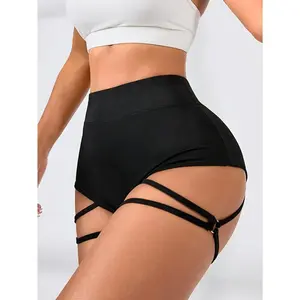 Women's High-Waisted Running Shorts with Adjustable Buckle Straps & Side Cut-Outs - Stretchy Elastic Fitness Shorts for Outdoor Workouts, Summer Activewear, Slim-Fit Non-Transparent Athletic Shorts, High Waisted Shorts