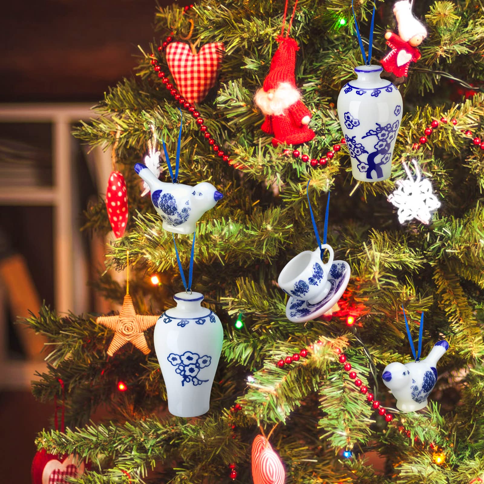 Christmas Clearance Sale Chinoiserie Christmas Ornaments Blue & White Porcelain Ornaments Set Ceramic Fabric Wrapped Christmas Ball Classic Teapot Ginger Jar Hanging Ornament for Xmas Tree Home Birthday Baby Shower Wedding Party Decor Holiday Winter Craft